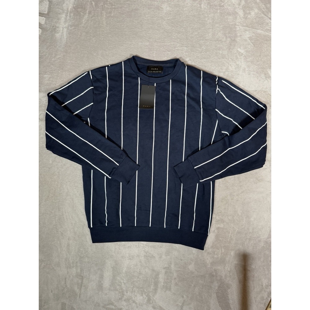 ZARA Men's Blue/White Striped Crew Neck Long Sleeve Pullover Sweater Size L